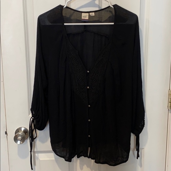 EUC Roxy Black Flowy Button Down Blouse - Picture 1 of 14